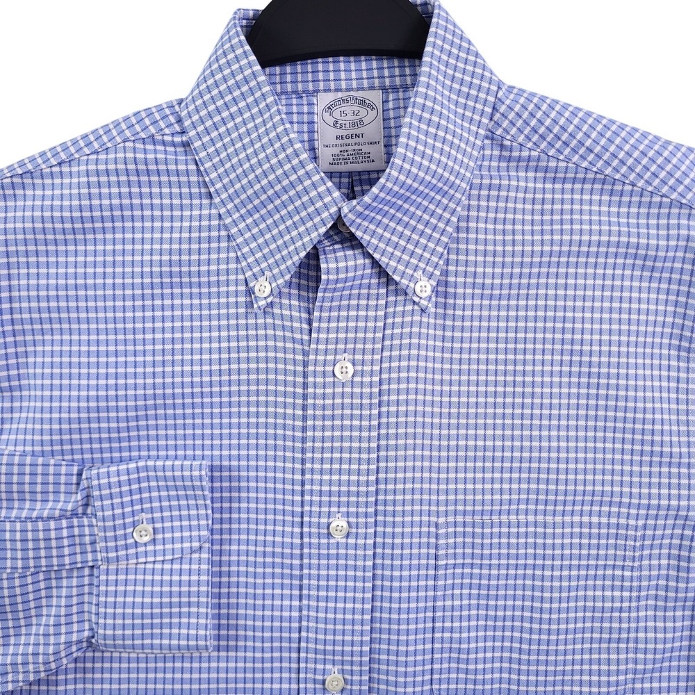 Brooks Brothers Regent Dress Shirt 15 32 Blue Check Non Iron Supima Oxford OCBD